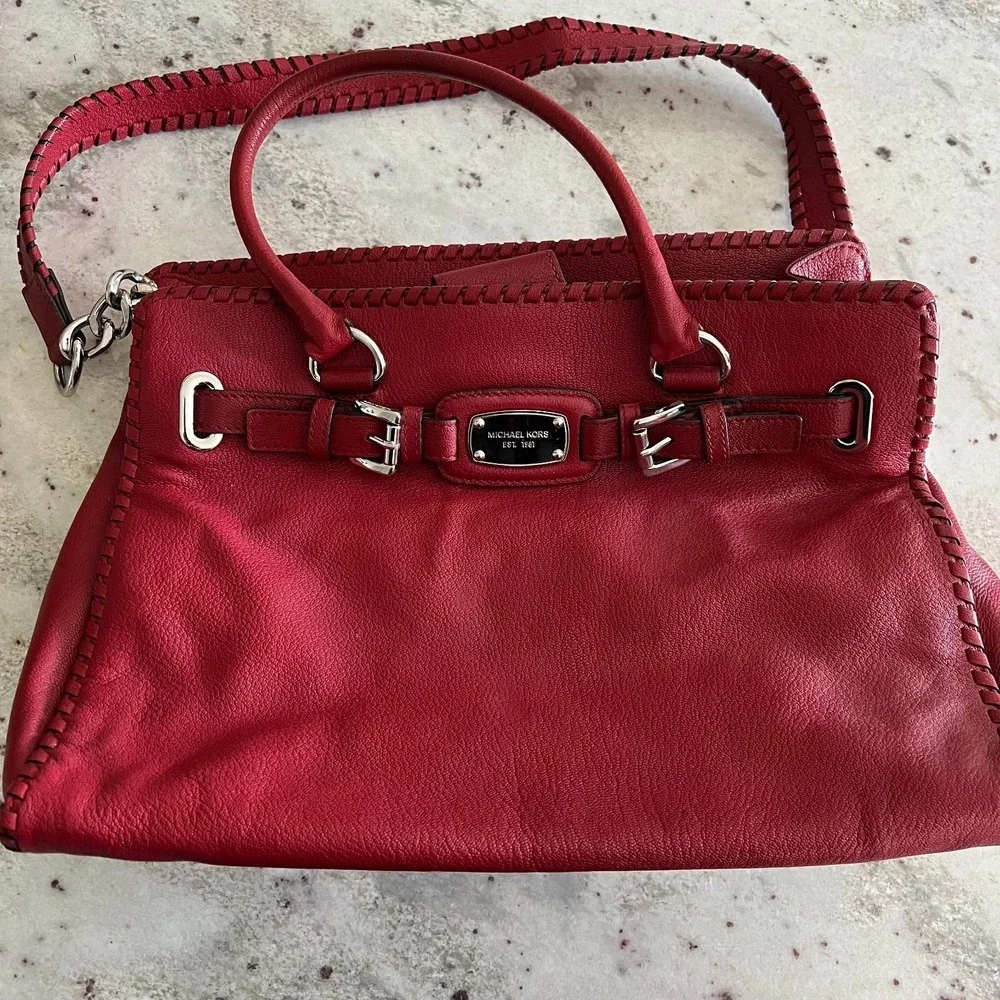 Michael Kors Hamilton Whipped Tote Satchel Red Leather Purse Bag Handbag